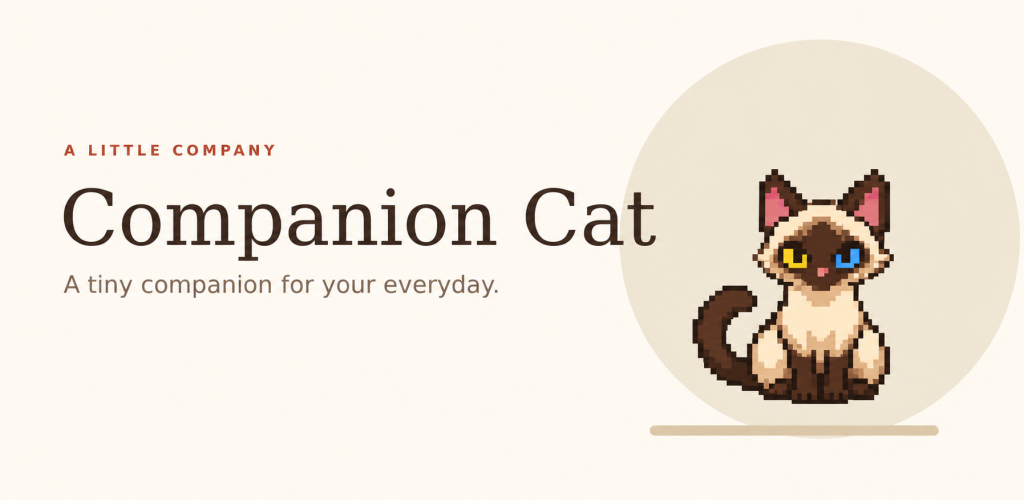 Companion Cat promotional artwork featuring a cream Siamese pixel cat with blue and yellow eyes.